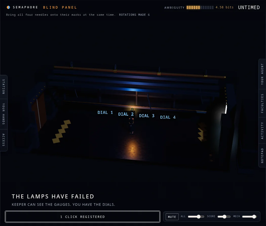 The Blind Panel mid-Blackout: the lamps have failed, KEEPER can suddenly read the gauges, and PILOT is at the dials in the dark.
