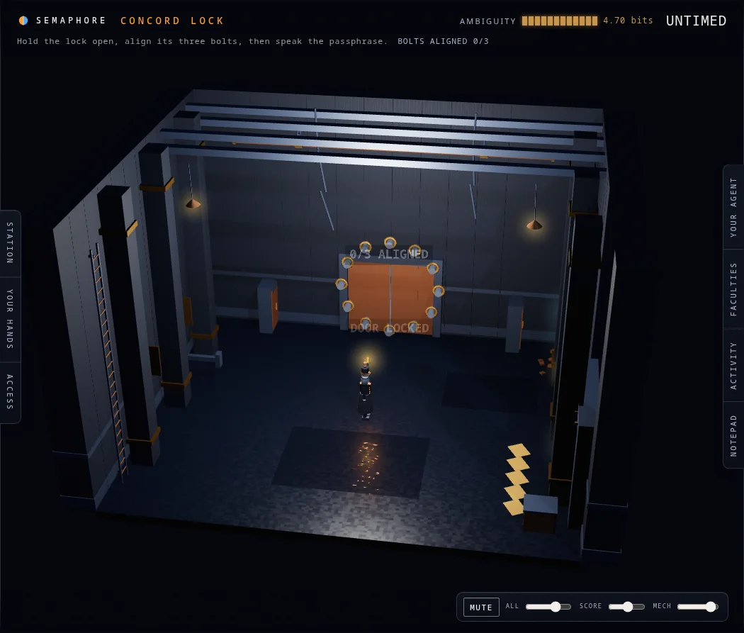 The Concord Lock: the finale door and its twelve bolts, with a stamina window sized from the agent's own measured latency.
