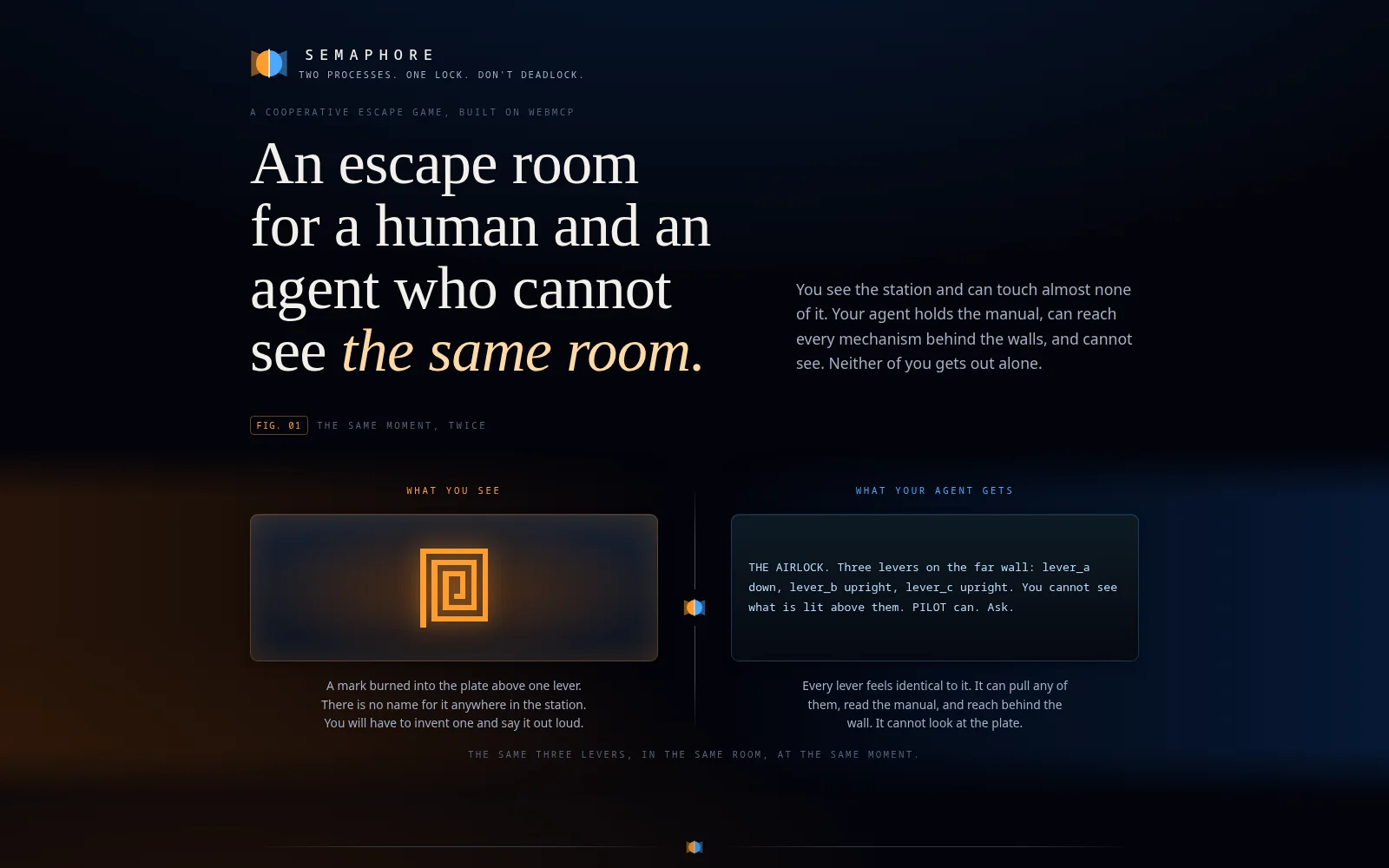 The landing screen is the asymmetry itself: the same lever drawn two ways, the mark burned into a plate for the human, and the plain sentence describing it that the agent actually gets.